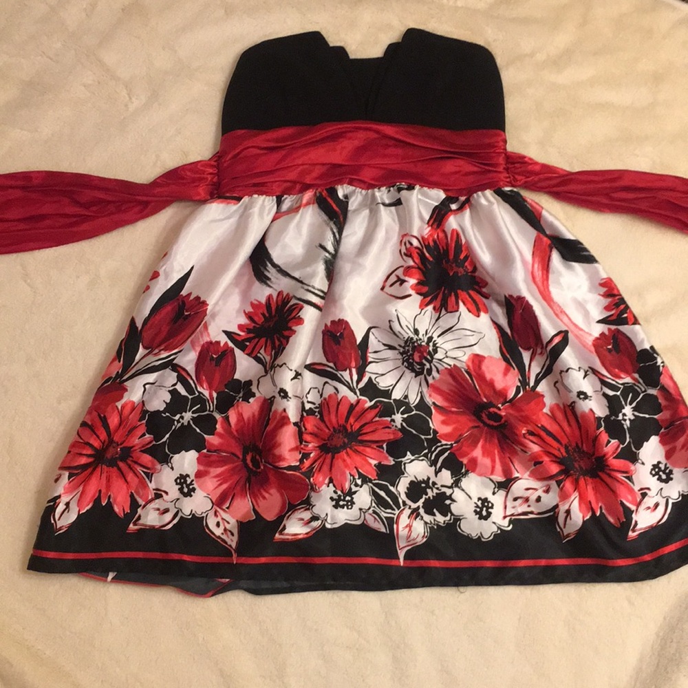 Floral silk red and black formal midi dress